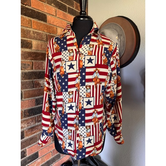 Dion of Texas Tops - Dion of Texas Womens Cowgirl Americana Flag Print Western Button Down Shirt S